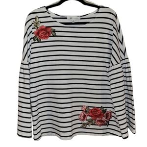 NWT! Stripe Top Floral Patches Statement Sleeves Women Size Medium Oversized NEW